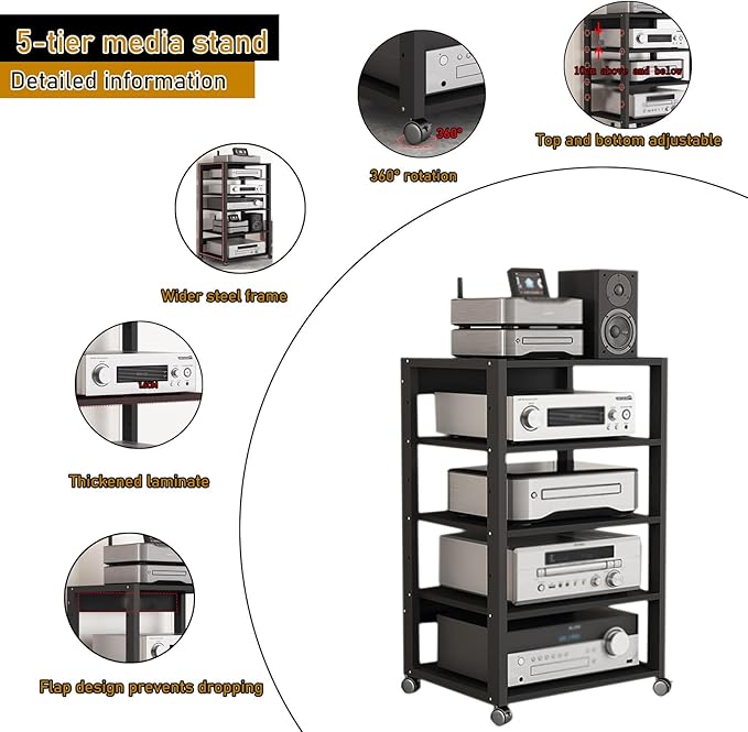 5 Tier Audio Rack Tower, CD Record Player Stereo Receiver AV Equipment Cabinet - Image 3
