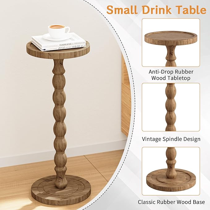 Solid Wood Drink Table, Rubber Wood‌ Small Round Side Table - Image 5