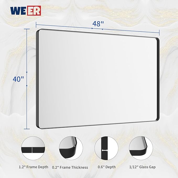 WEER Black Bathroom Mirror for Wall, 48X40 Inch Matte Black Mirror, Rectangular - Image 6