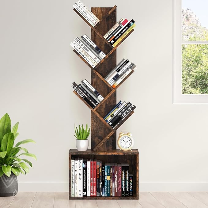 6 Tier Tree Bookshelf, Sturdy Retro Floor Standing Wood Bookcase, Storage Rack - Image 2