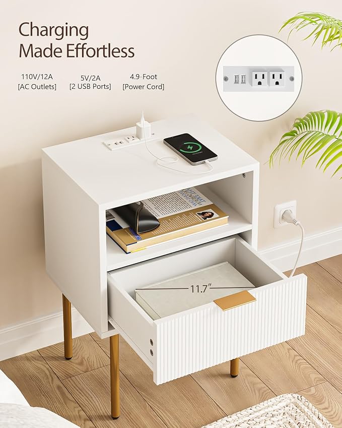 Nightstand with Charging Station, Morden Bedside Table with Gold Frame - Image 3