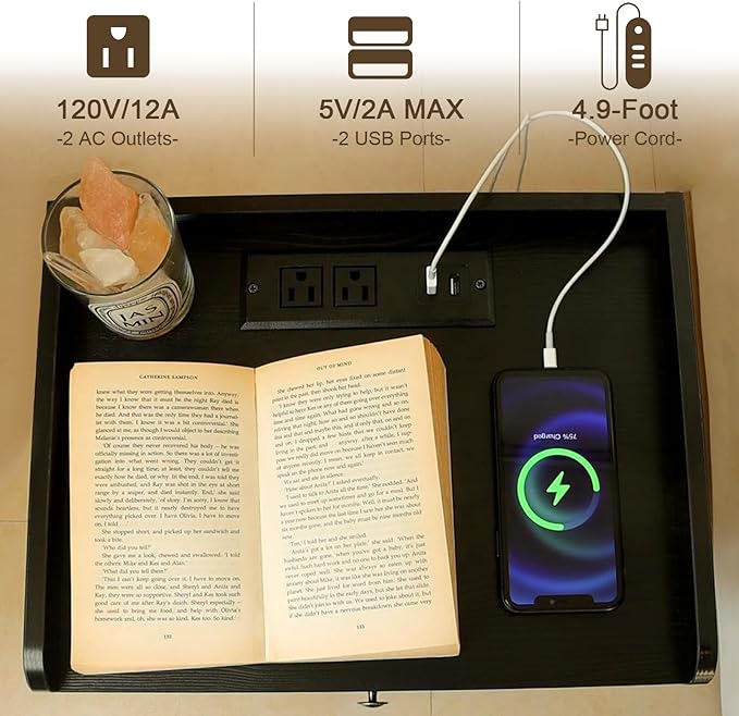 AWASEN Black Nightstand with Charging Station, Modern Bedside Table with Glass - Image 6