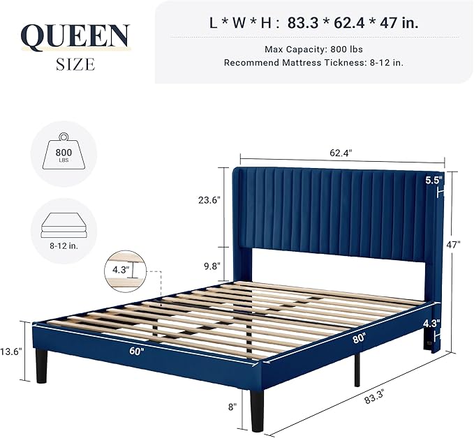 Allewie Queen Size Velvet Bed Frame/Vertical Channel Tufted Wingback - Image 2