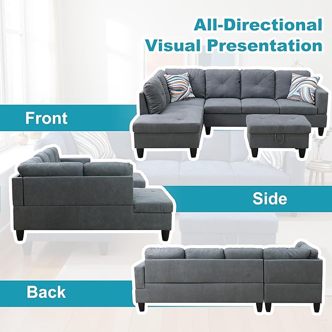L Shaped Couch Modern Sectional Couch Upholstered Flannelette Fabric 3 Pieces - Image 6