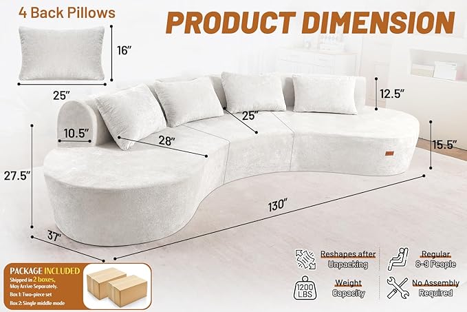 Homguava 130'' Modular Sectional Sofa, Curved Modern Sofa - Image 2