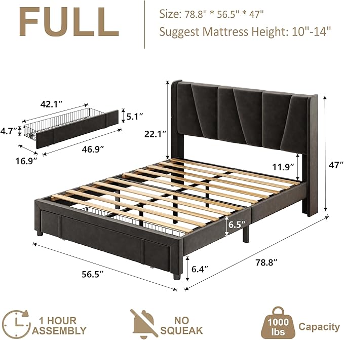 Full Bed Frame with Storage Drawers, Upholstered Platform Bed with Headboard - Image 2