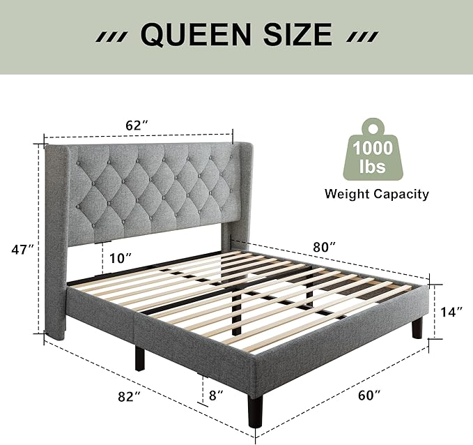 Feonase Queen Bed Frame with Upholstered Wingback Headboard, Platform Bed and - Image 2