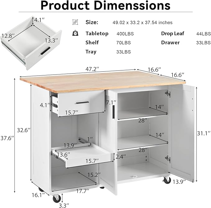 49" Foldable Kitchen Island Cart, Towel Rack & Drawer, Rolling on Wheels - Image 2