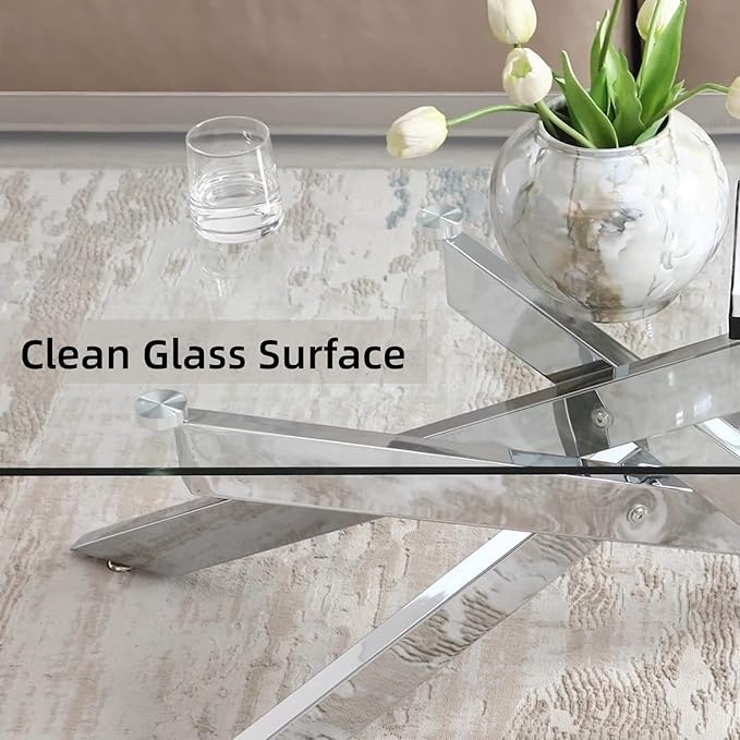 Rectangle Modern Coffee Table, Tempered Glass Top and Metal Tubular Leg - Image 4