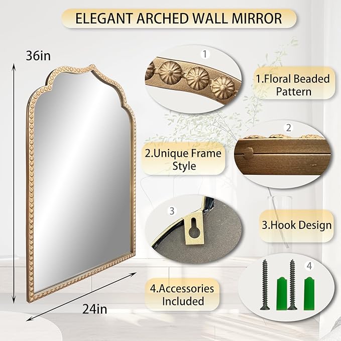 Gold Arch Mirror, Metal Beaded Frame Ornate Decorative Mirror, Scalloped - Image 4