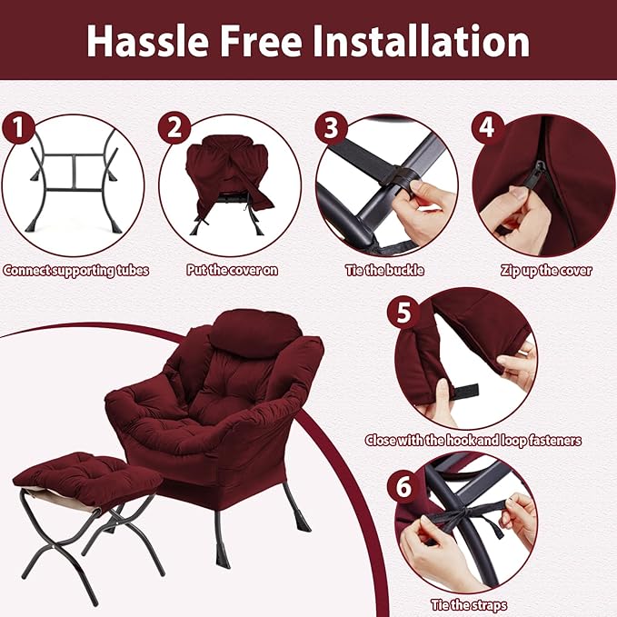 Lazy Chair with Folding Ottoman, Accent Chair Velvet Upholstered with Metal - Image 7
