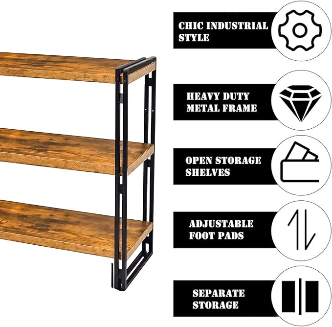 47" 3-Tier Bookshelf Rustic Wood and Metal Industrial Bookshelf - Image 4