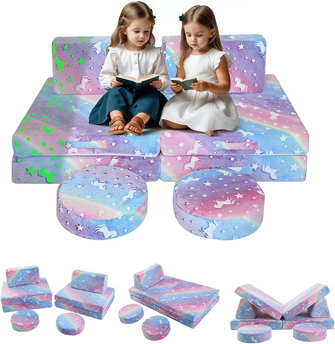 MeMoreCool Modular Glow Sofa for Kids, 8-Piece Convertible Foam Couch Play Set by MeMoreCool