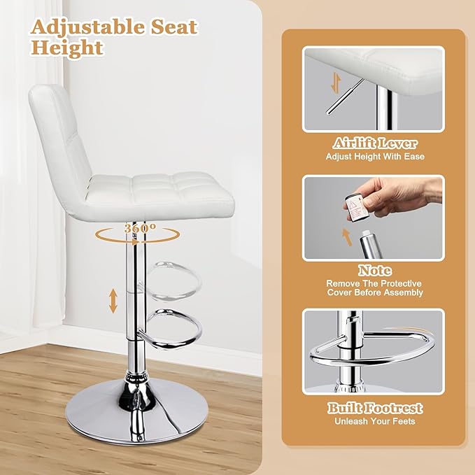 Bar Stools Set of 2, Armless Adjustable Swivel Barstools - Image 6