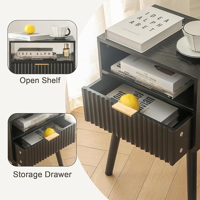 Black Nightstand with Charging Station, Mid Cetury Modern Nightstand with - Image 4