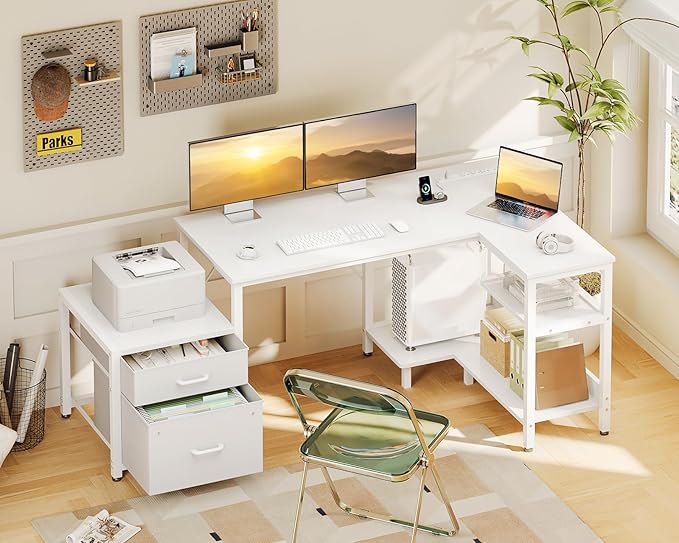 Casaottima L Shaped Desk with Drawers & File Cabinet, Reversible White Computer - Image 2