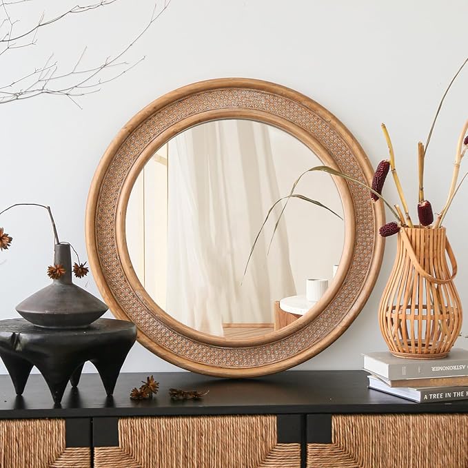 Micasso Round Rattan Wall Mirror: 30" Purely Handmade Wooden Frame Wicker Mirror by Micasso