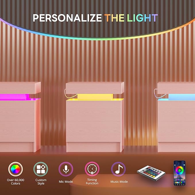 LIKIMIO Night Stand with Charging Station, Modern Pink Nightstand with LED - Image 4