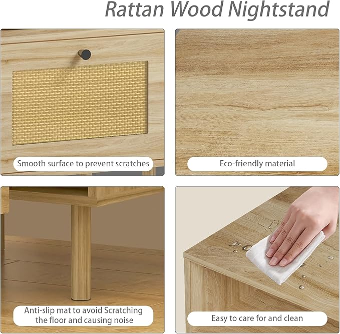 Rattan Nightstand with Storage Boho Modern Farmhouse Bedside Table with Drawer - Image 6
