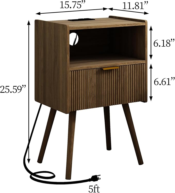 Nightstand with Outlet, Modern Bedside Table with Storage Drawer and Open Wood - Image 2