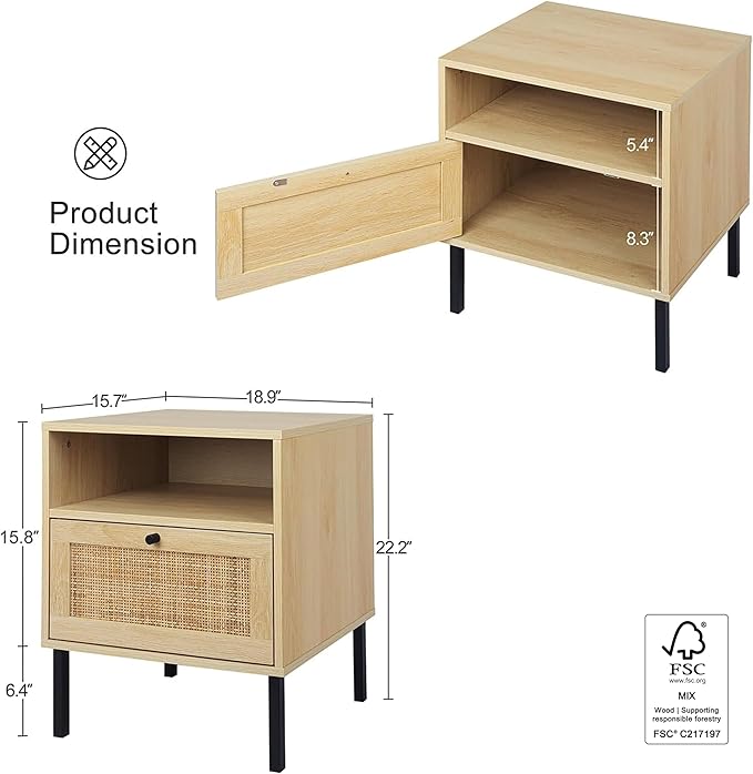 Rattan Nightstands Set of 2, Boho Night Stand - Image 2
