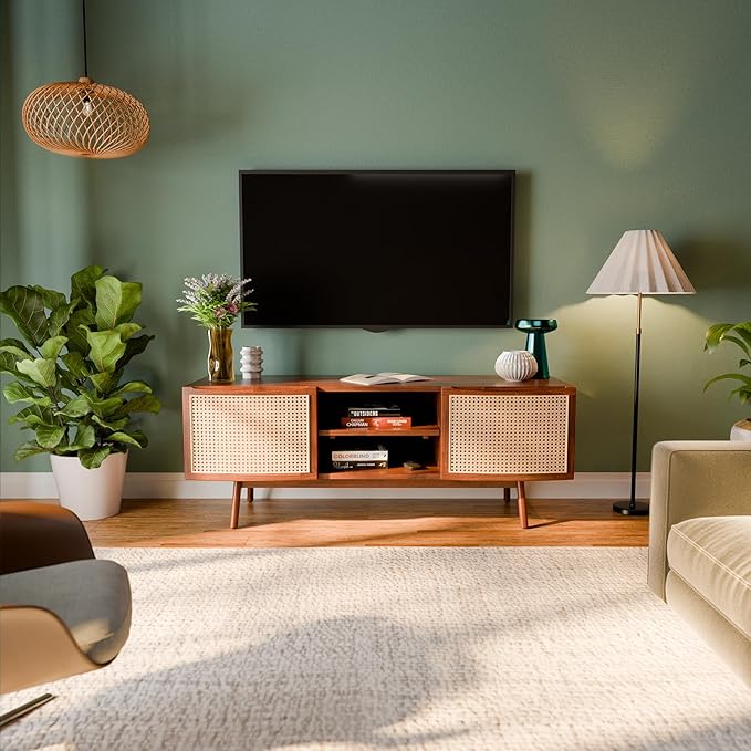 Bme TV Stand with Elegant Curved Shape & Inlaid Rattan, Nancy Solid Wood Tv - Image 6