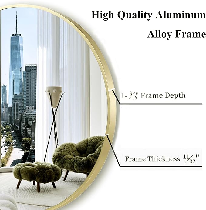 28 inch Gold Frame Mirror for Wall, Brushed Matte Gold Metal Round Mirror for - Image 3