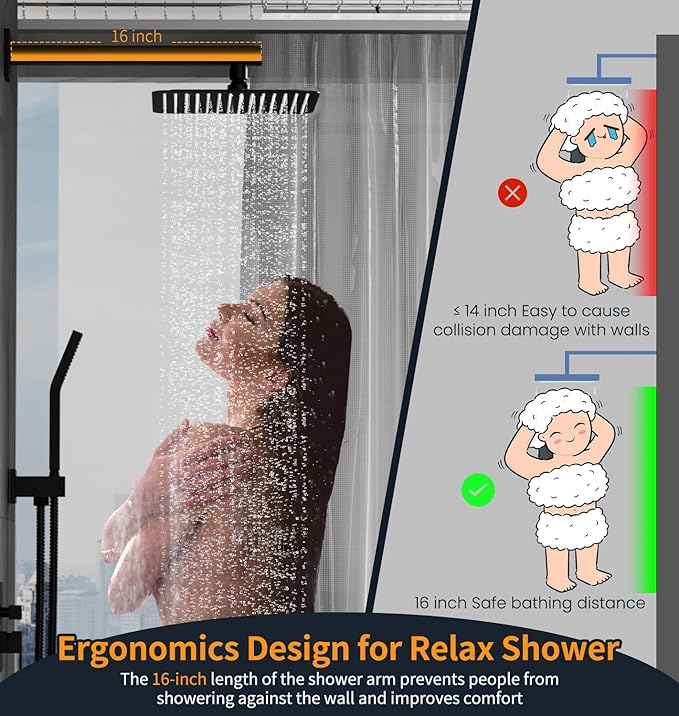 SR SUN RISE Black Square Rainfall Shower Head and Handle Set, Wall Mounted - Image 9