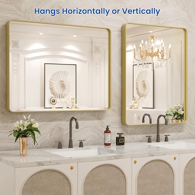 WEER Gold Bathroom Mirror, 24X36 Inch Brushed Gold Metal Frame Mirror, Rounded - Image 5