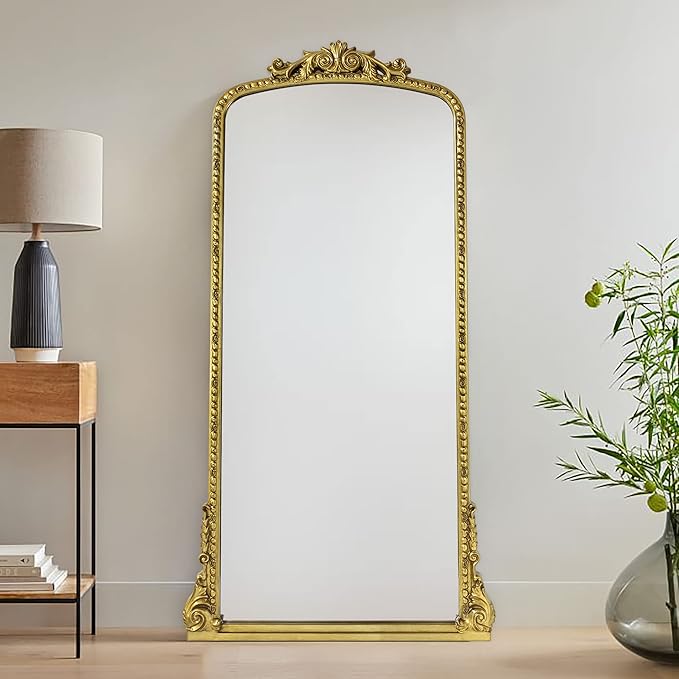 Traditional Ornate Floor Mirror Gold Arched Framed Full Length Wall Mirror by EGHOME