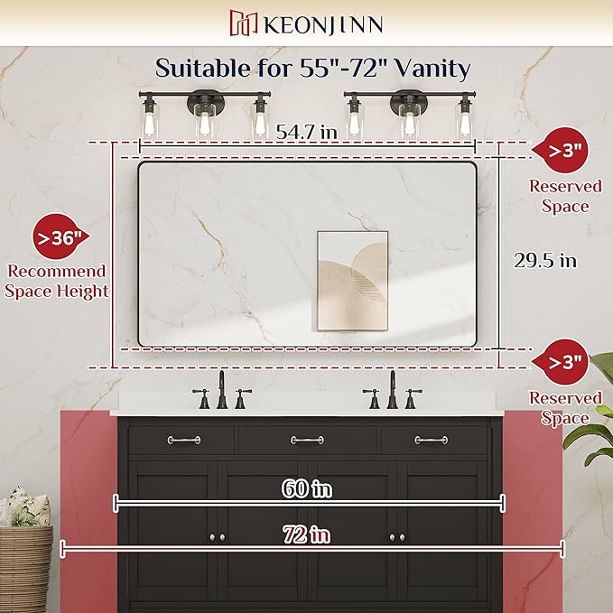 Keonjinn Black Bathroom Mirror for Vanity 55 x 30 Inch Large Metal Framed Wall - Image 7