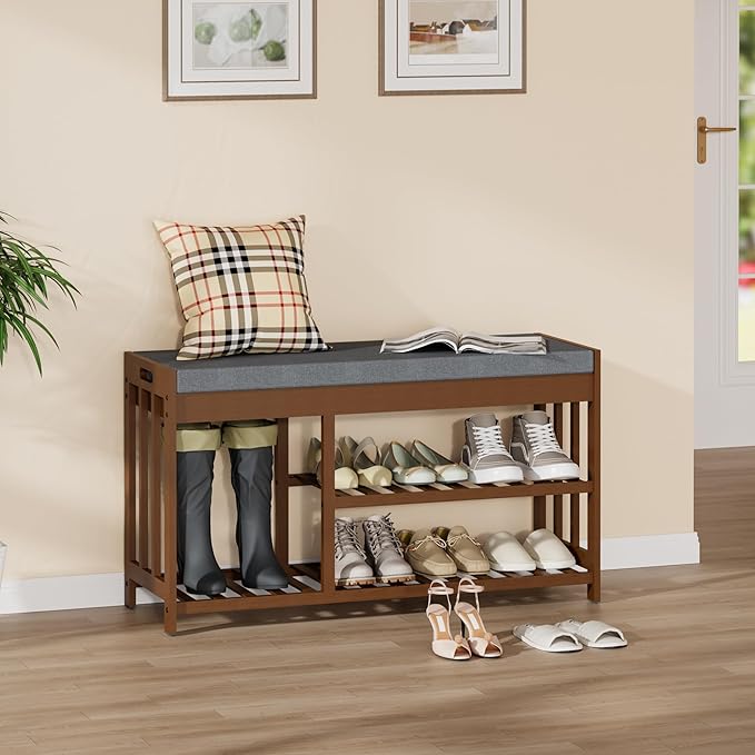 Shoe Rack Bench with Cushion, 2 Tiers Shoe Bench with Flip-Top Storage - Image 3
