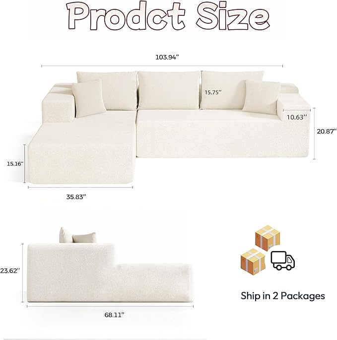 Cloud Sectional Couch, 104”L-Shape Oversized Sofa - Image 2