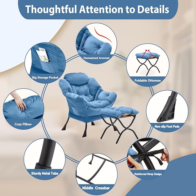 Lazy Chair with Folding Ottoman, Accent Chair Velvet Upholstered with Metal - Image 6