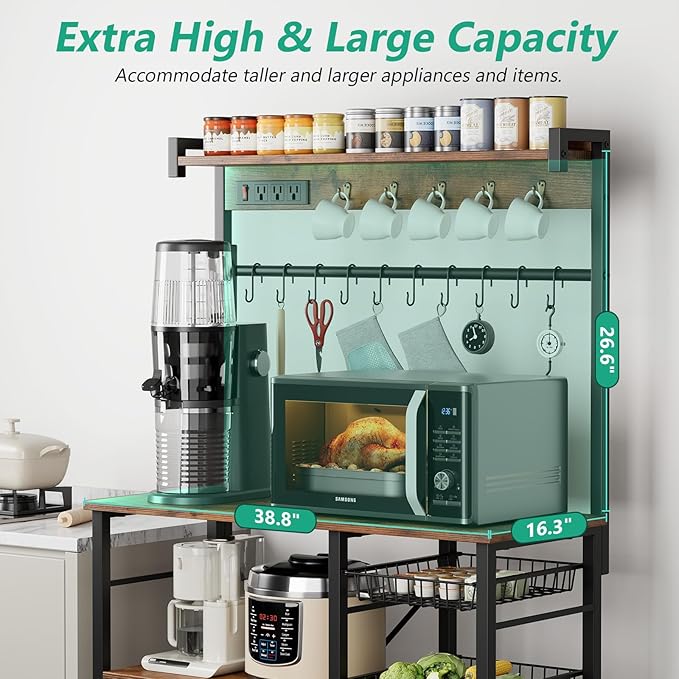 Large Bakers Rack with Power Outlets 38.8 Inches, 15 Hooks Coffee Bar with 3 - Image 4