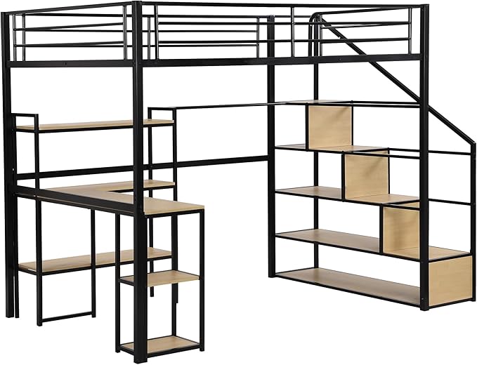Full Size Metal Loft Bed with Staircase, Full-Length Guardrails, a Built-in - Image 4