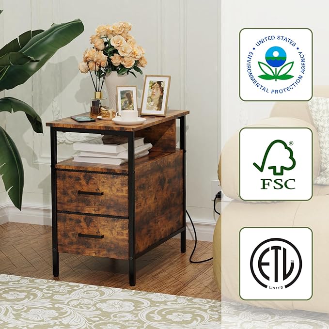 End Table with Charging Station, Narrow Side Table with 2 Fabric Drawer & - Image 7