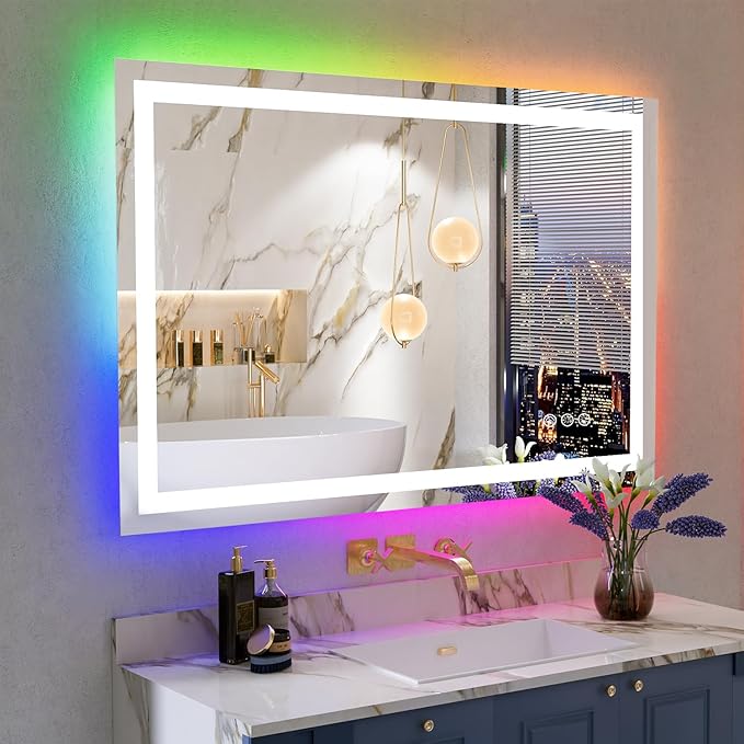 48x32 Inch RGB LED Bathroom Mirror Front Light and RGB Backlit Lighted Vanity by YEELAIT