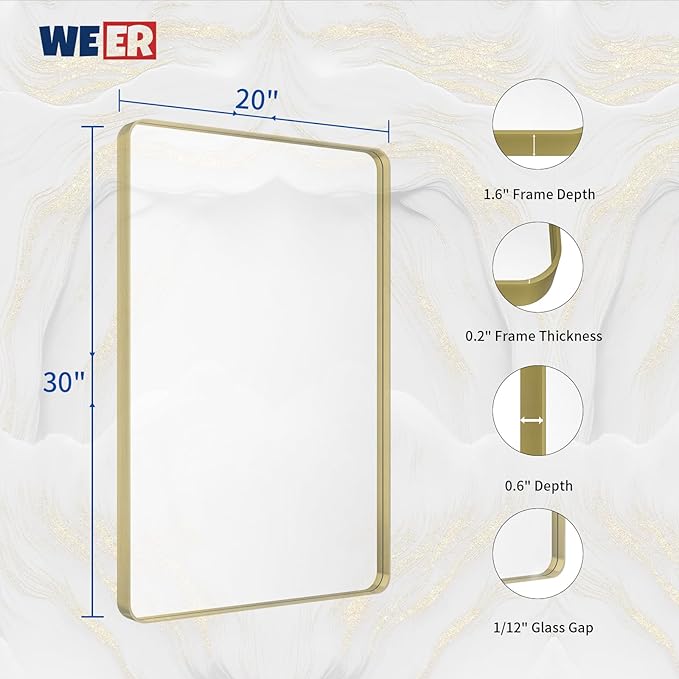 WEER Gold Bathroom Mirror, 20X30 Inch Brushed Gold Metal Frame Mirror, Rounded - Image 6