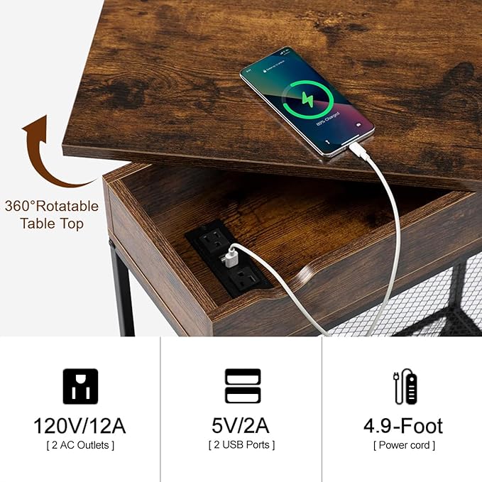 Hadulcet End Table with Charging Station, Couch End Tables Rotating Top Skinny - Image 5