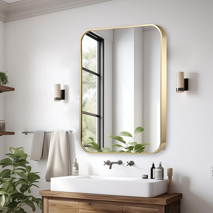 16x20 Inch Gold Bathroom Mirror, Brushed Brass Gold Metal Framed Rectangular - Image 7