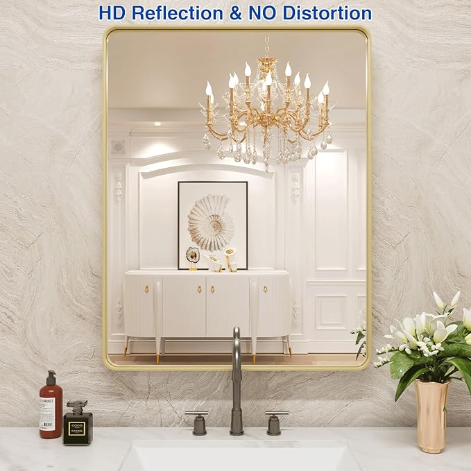 WEER Gold Bathroom Mirror, 24X36 Inch Brushed Gold Metal Frame Mirror, Rounded - Image 2
