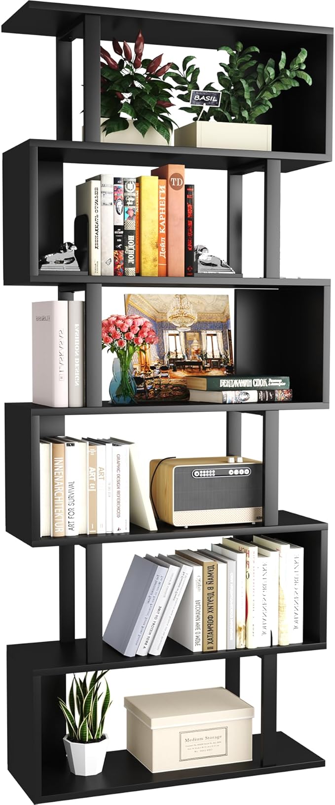 Yusong S Shaped Bookshelf, Modern Geometric Bookcase, 6-Tier Black Display Case by Yusong