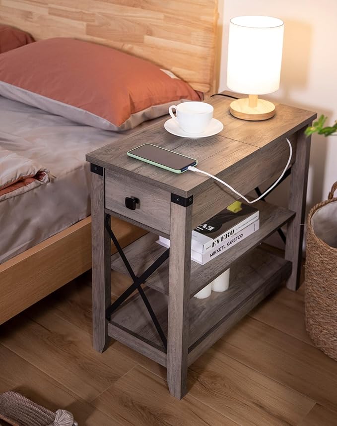 Narrow End Table with Charging Station Farmhouse Slim Side Table with USB Ports - Image 5