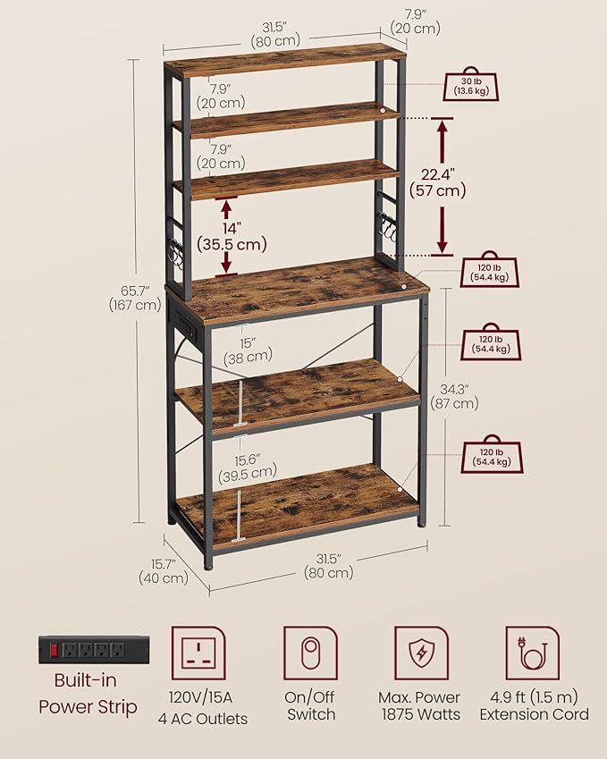 VASAGLE Bakers Rack with Power Outlet, 31.5 Inches Coffee Bar - Image 6