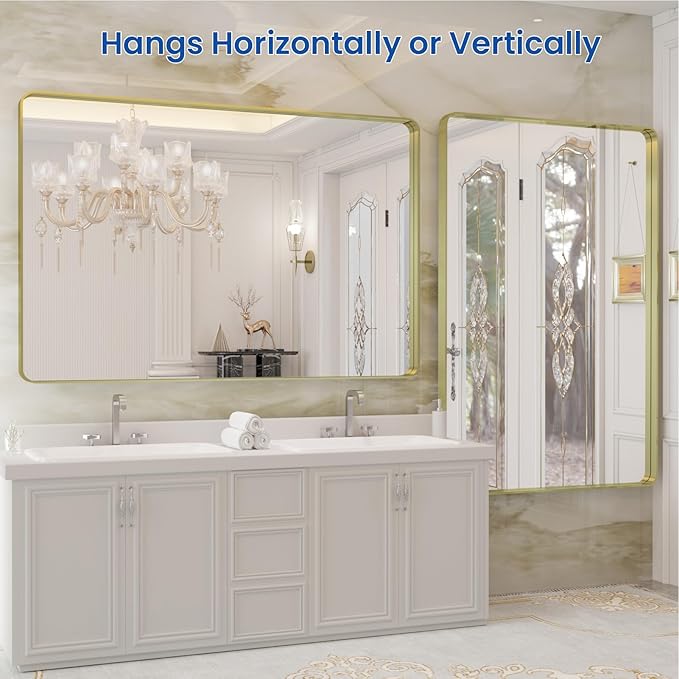 WEER Gold Bathroom Mirror, 48X32 Inch Brushed Gold Metal Frame Mirror, Rounded - Image 5
