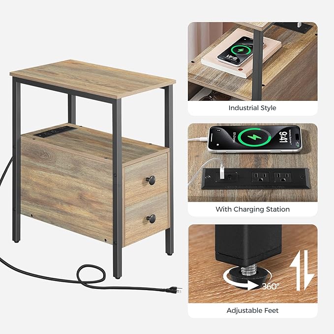 HOOBRO End Table with Charging Station, Narrow Side Table with 2 Drawer & USB - Image 6