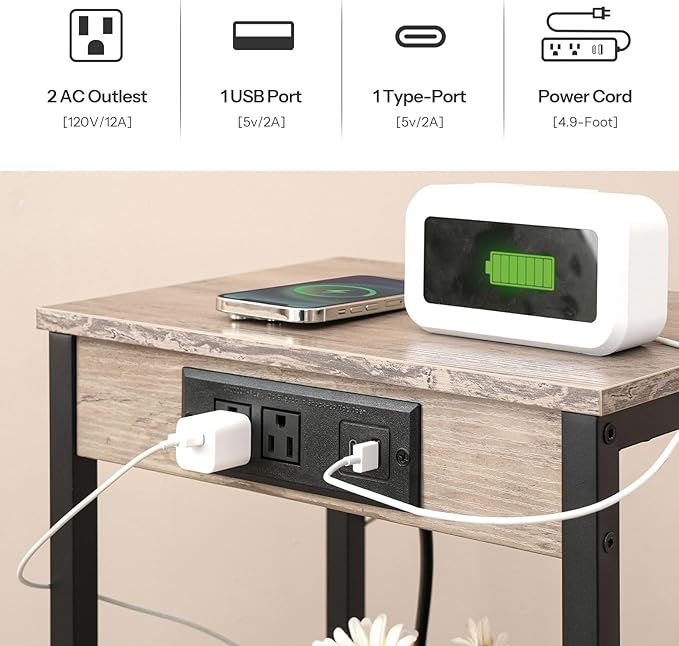 HOOBRO Tall End Table with Charging Station, 30 Inch Tall Nightstand, 3-Tier - Image 4