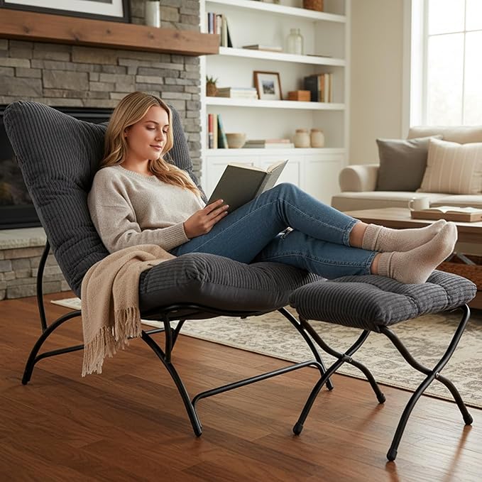 Welnow Accent Chair with Ottoman, Lounge Comfy Soft Leisure Metal Frame Reading - Image 3