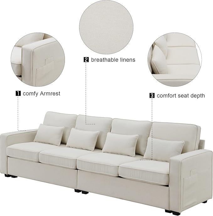104" 4-Seater Modern Linen Fabric Sofa - Image 4